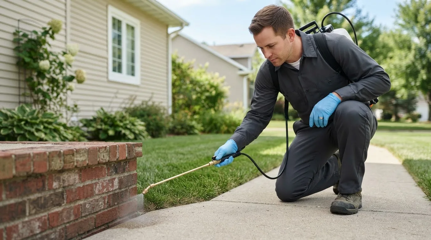 Pest control technician treating a home near Bunola, PA